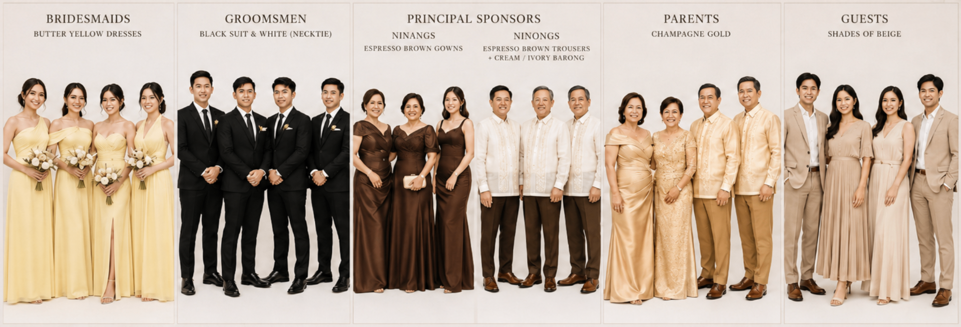Attire reference showing bridesmaids in butter yellow, groomsmen in black suits, principal sponsors in espresso brown and ivory barong, parents in champagne gold, and guests in shades of beige